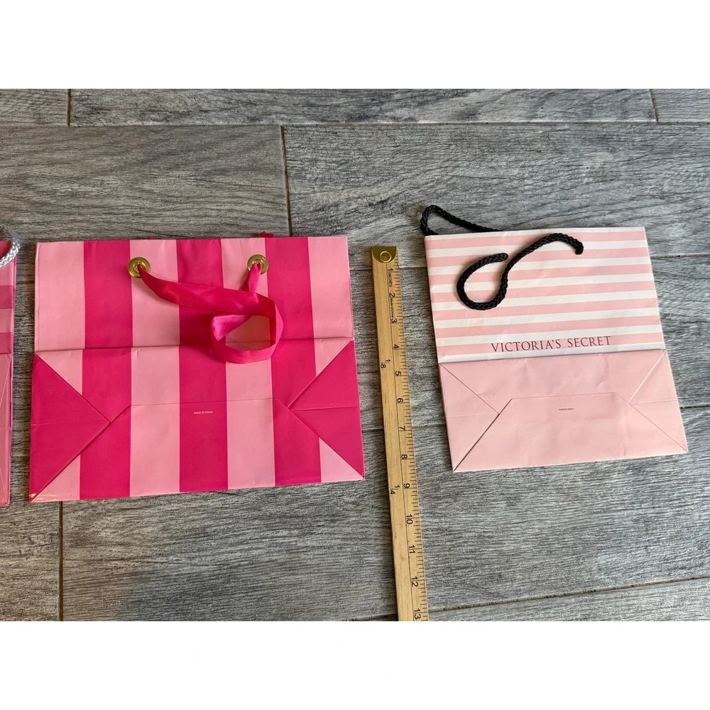 Victoria's Secret Gift Bags Set of 3 Pink Striped Lingerie Paper Bag Tote Ribbon